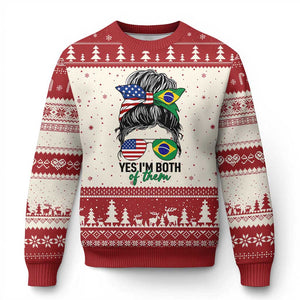 Half American And Brazilian America Brazil Brasil Flag Girl Ugly Christmas Sweater Yes I'm Both of Them