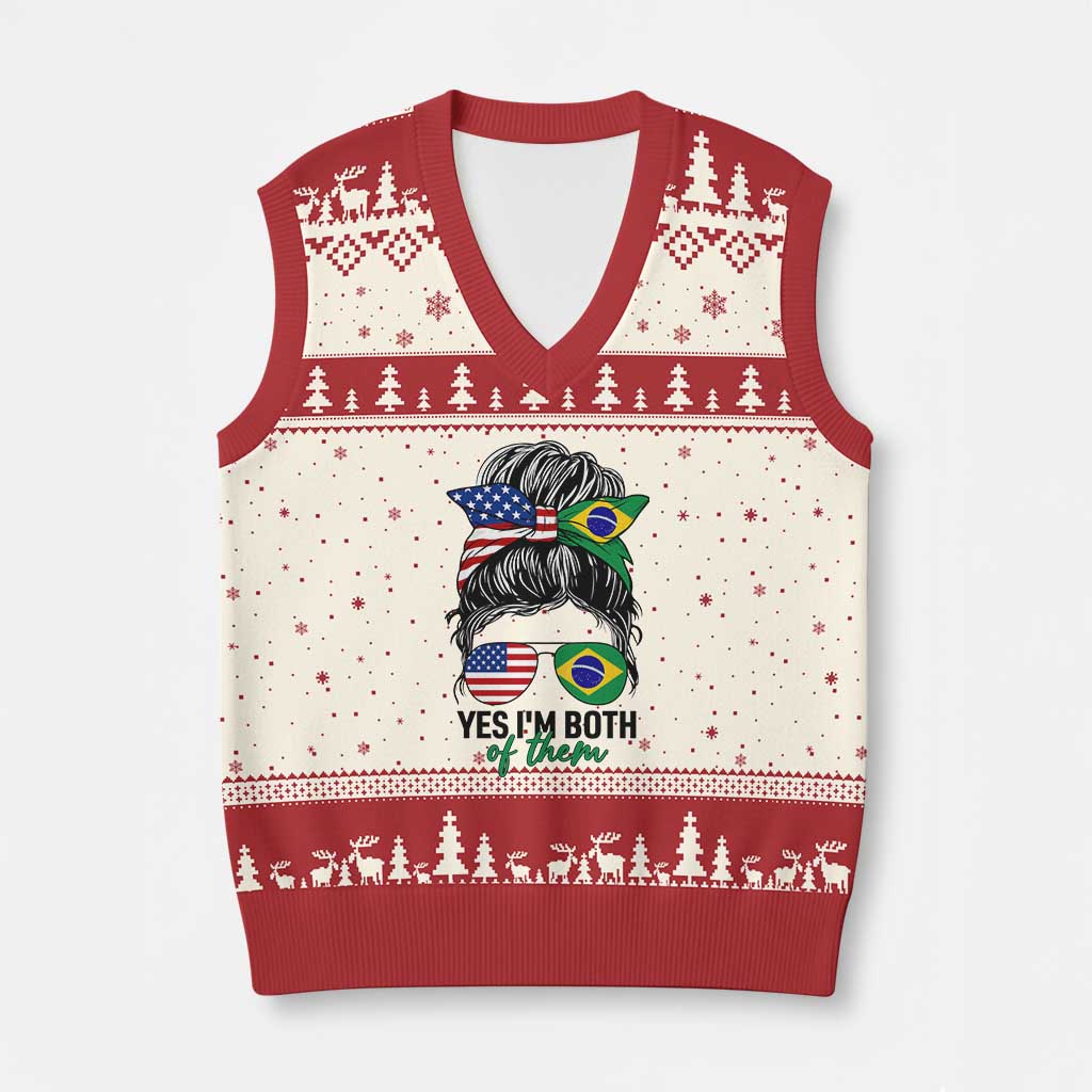 Half American And Brazilian America Brazil Brasil Flag Girl V-Neck Knit Sweater Vest Yes I'm Both of Them TS14 Beige Red Print Your Wear