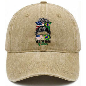 Half American And Brazilian America Brazil Brasil Flag Girl Washed Cotton Baseball Cap Yes I'm Both of Them