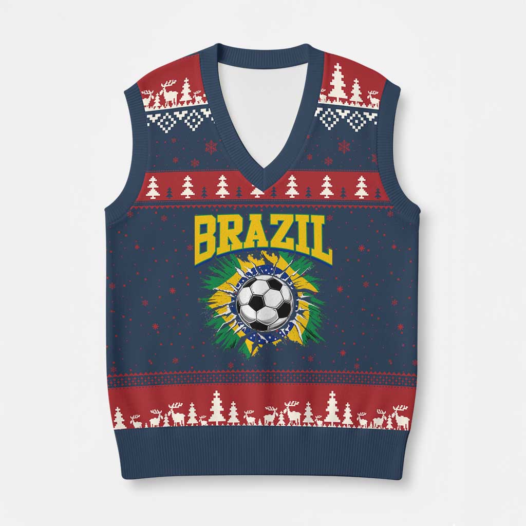 Brazil Soccer Fan V-Neck Knit Sweater Vest Brazilian Football Game Day Fan TS14 Navy Red Print Your Wear