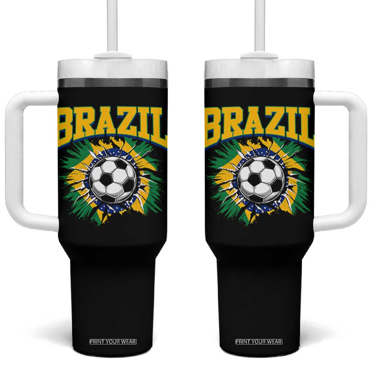 Brazil Soccer Fan Tumbler With Handle Brazilian Football Game Day Fan