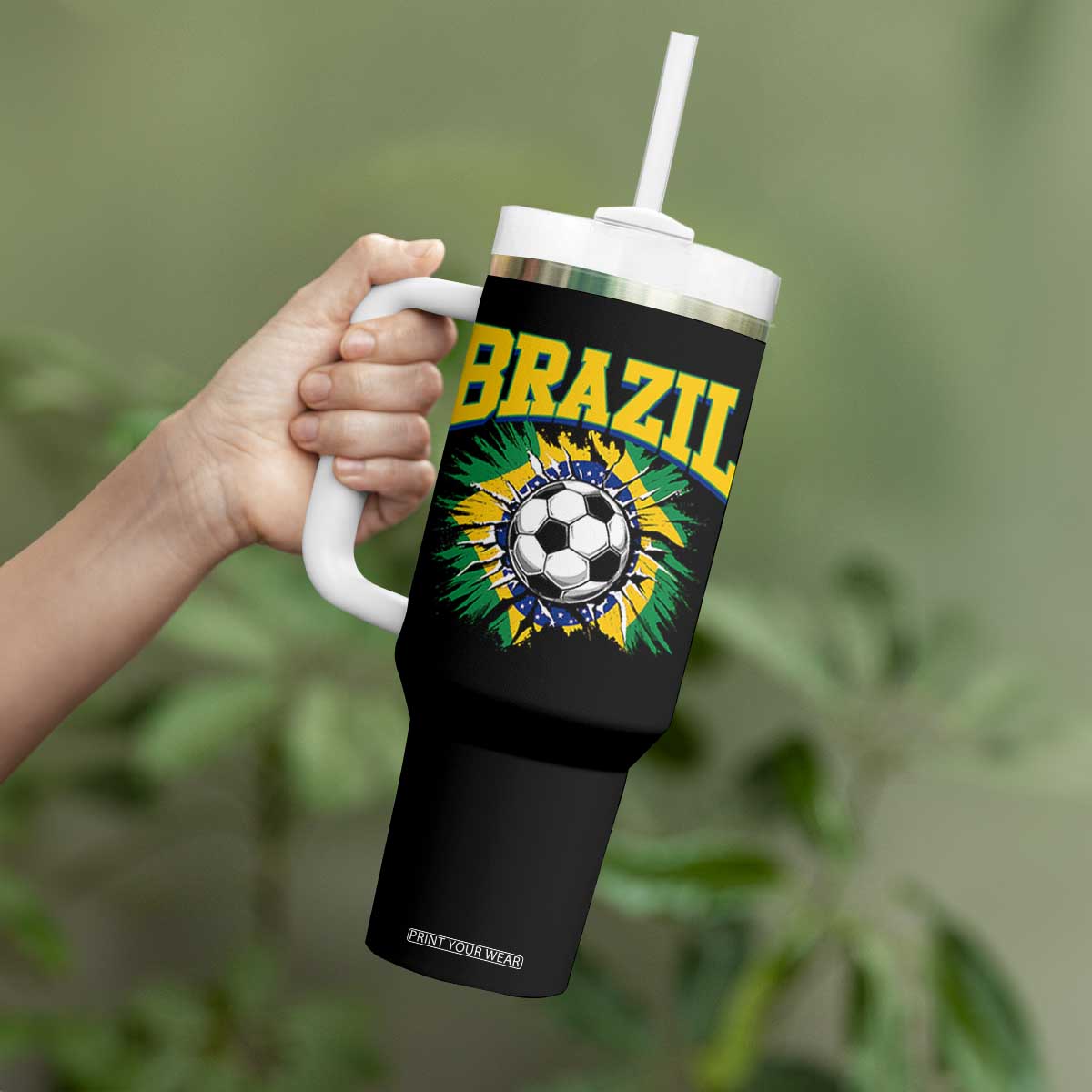 Brazil Soccer Fan Tumbler With Handle Brazilian Football Game Day Fan