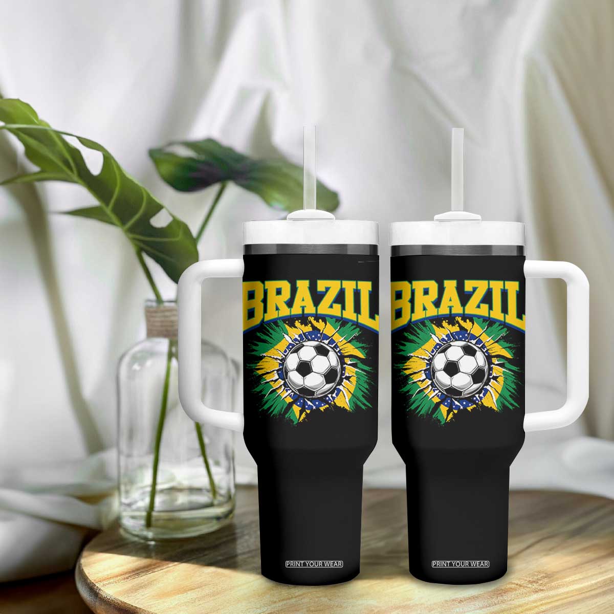 Brazil Soccer Fan Tumbler With Handle Brazilian Football Game Day Fan