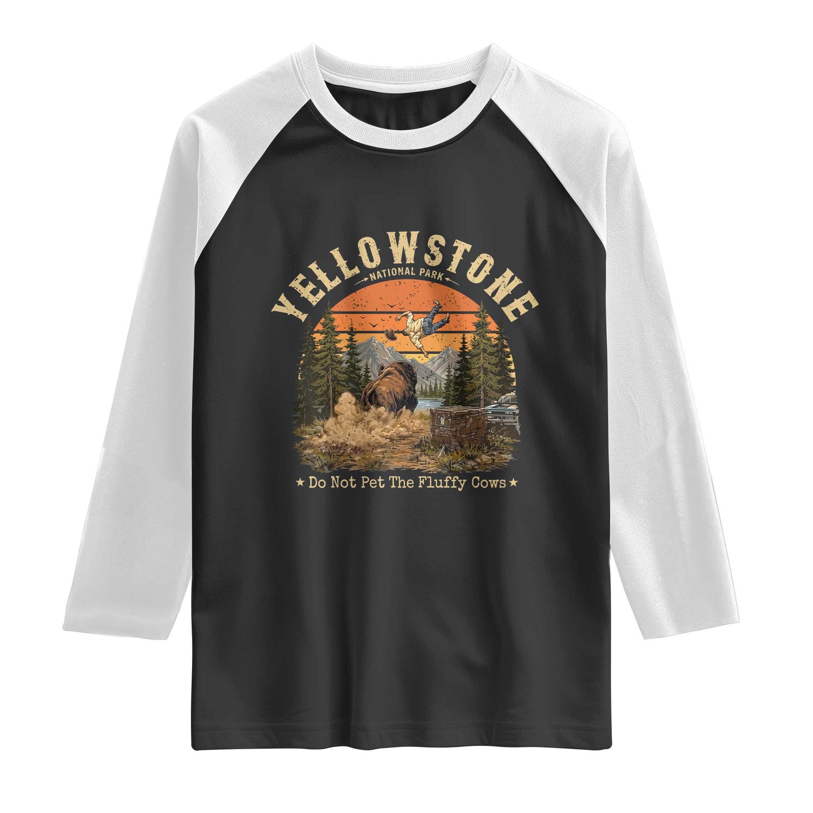 Yellowstone Do Not Pet The Fluffy Cows Raglan Shirt Funny Bison Meme Wildlife Lover Gift TS14 Black White Print Your Wear