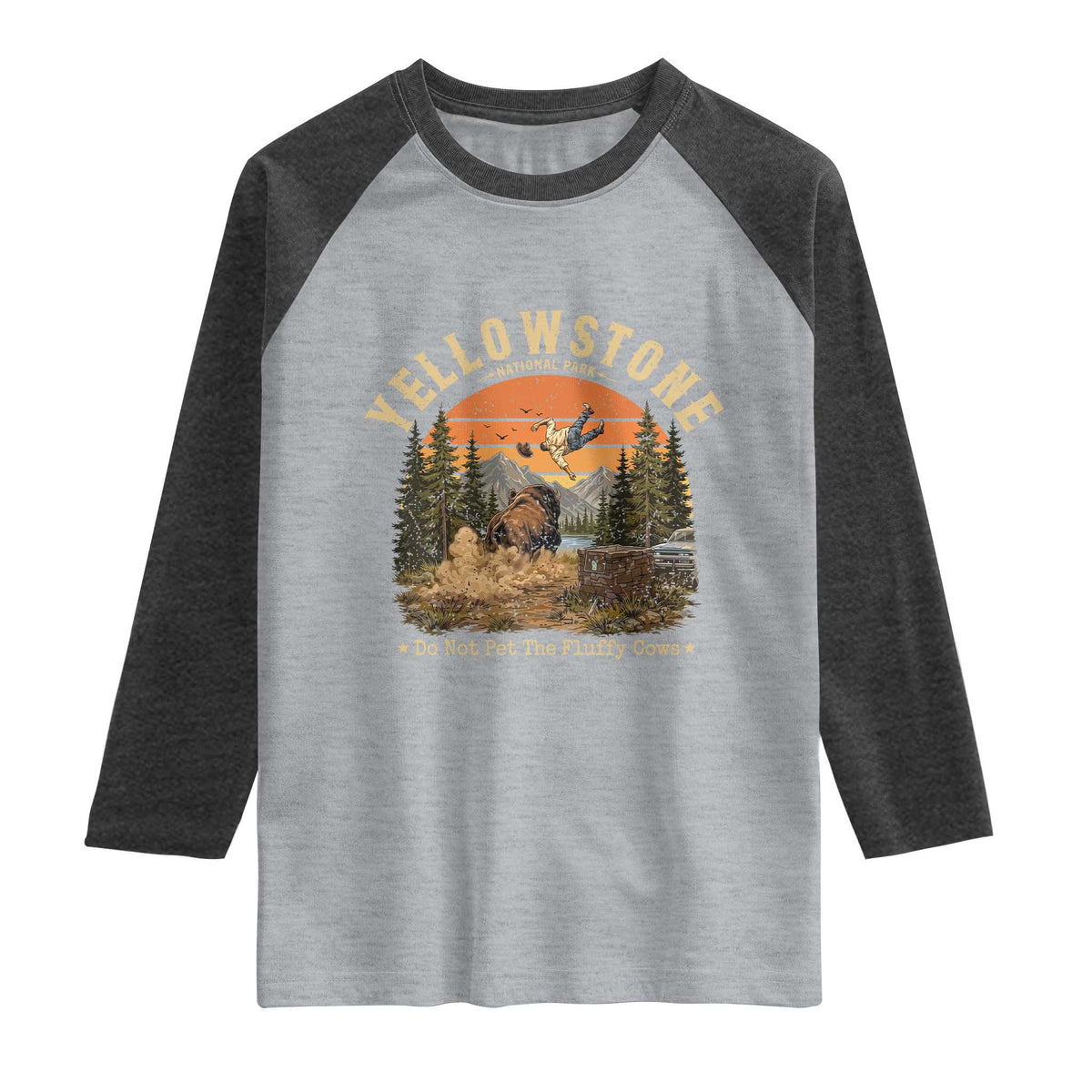 Yellowstone Do Not Pet The Fluffy Cows Raglan Shirt Funny Bison Meme Wildlife Lover Gift