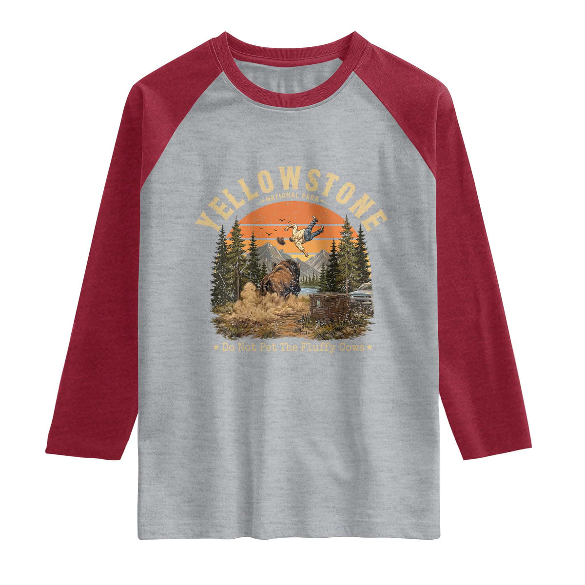 Yellowstone Do Not Pet The Fluffy Cows Raglan Shirt Funny Bison Meme Wildlife Lover Gift