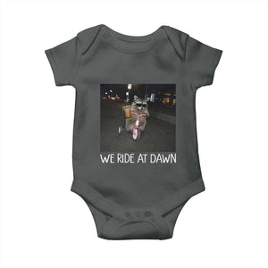 We Ride at Dawn Baby Onesie Funny Racoon Riding Tricycle Chaotic Meme