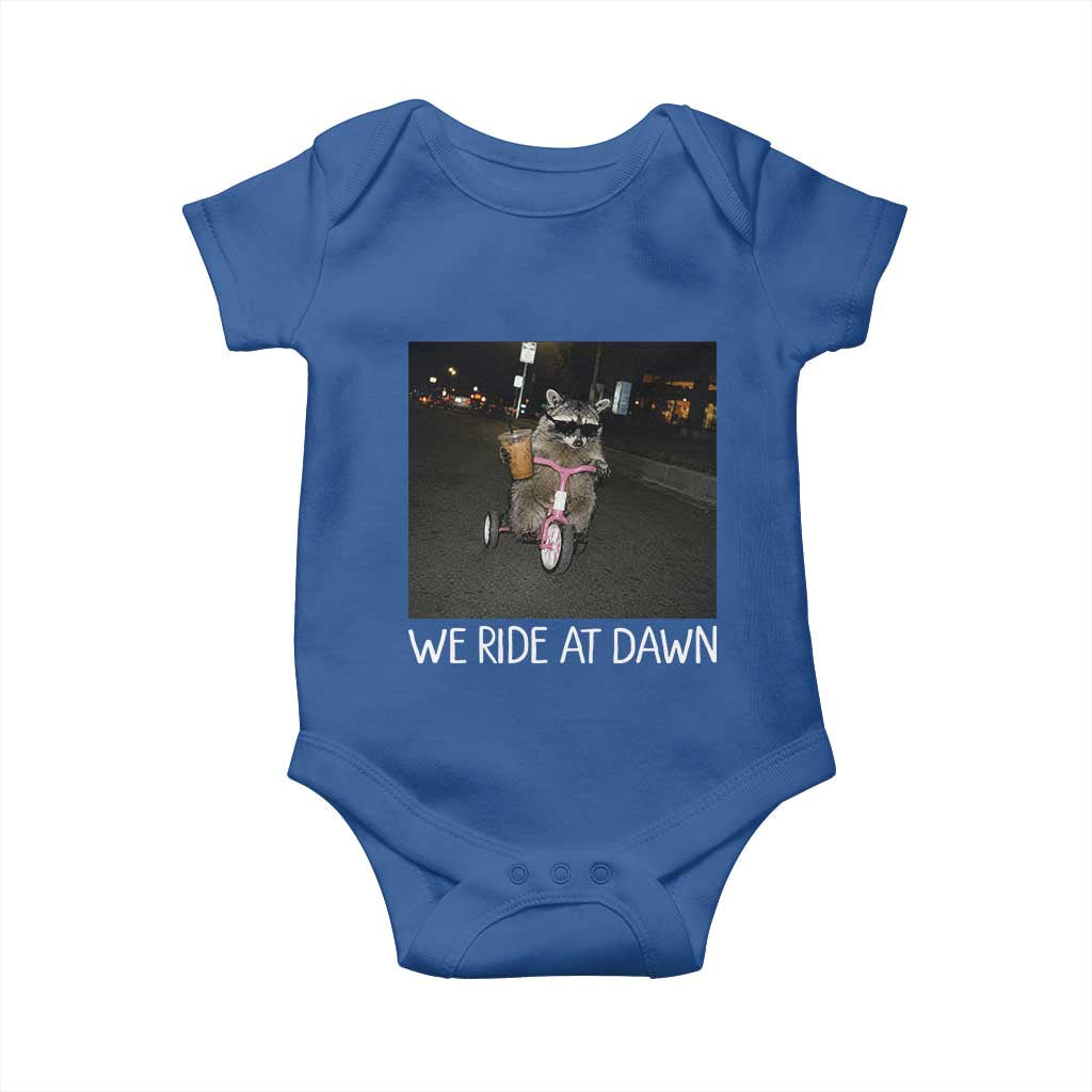 We Ride at Dawn Baby Onesie Funny Racoon Riding Tricycle Chaotic Meme