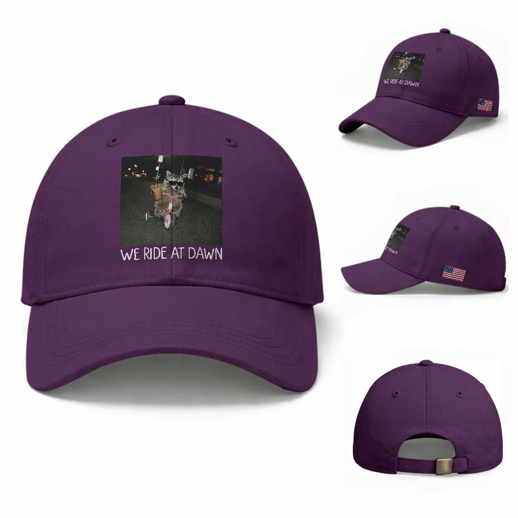 We Ride at Dawn Baseball Cap Funny Racoon Riding Tricycle Chaotic Meme