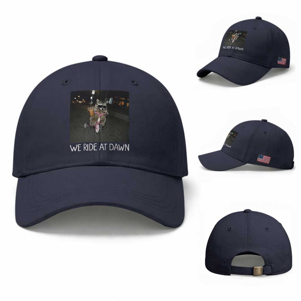 We Ride at Dawn Baseball Cap Funny Racoon Riding Tricycle Chaotic Meme