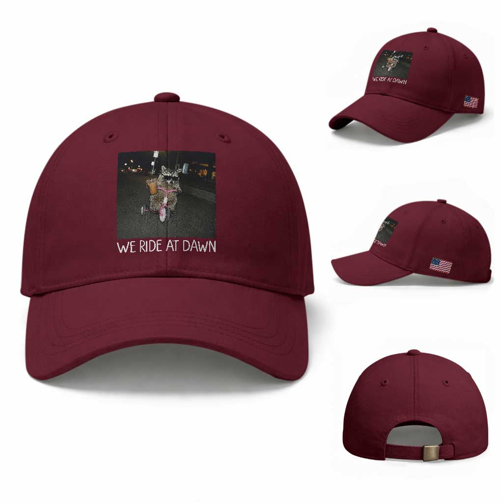 We Ride at Dawn Baseball Cap Funny Racoon Riding Tricycle Chaotic Meme