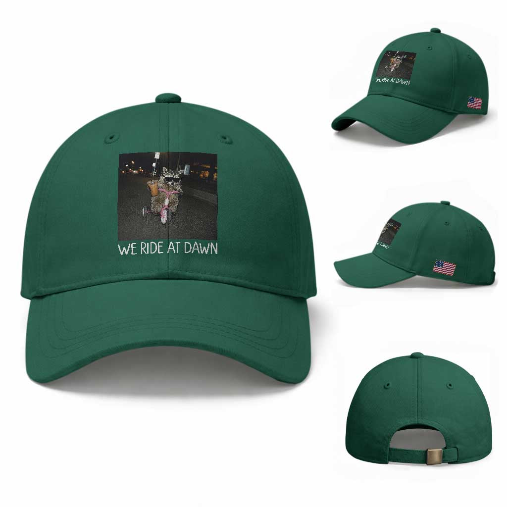 We Ride at Dawn Baseball Cap Funny Racoon Riding Tricycle Chaotic Meme