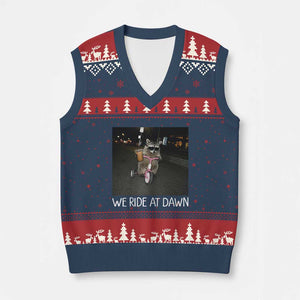 We Ride at Dawn V-Neck Knit Sweater Vest Funny Racoon Riding Tricycle Chaotic Meme