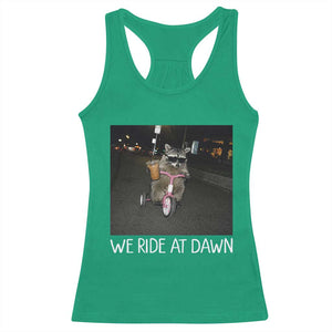 We Ride at Dawn Racerback Tank Top Funny Racoon Riding Tricycle Chaotic Meme
