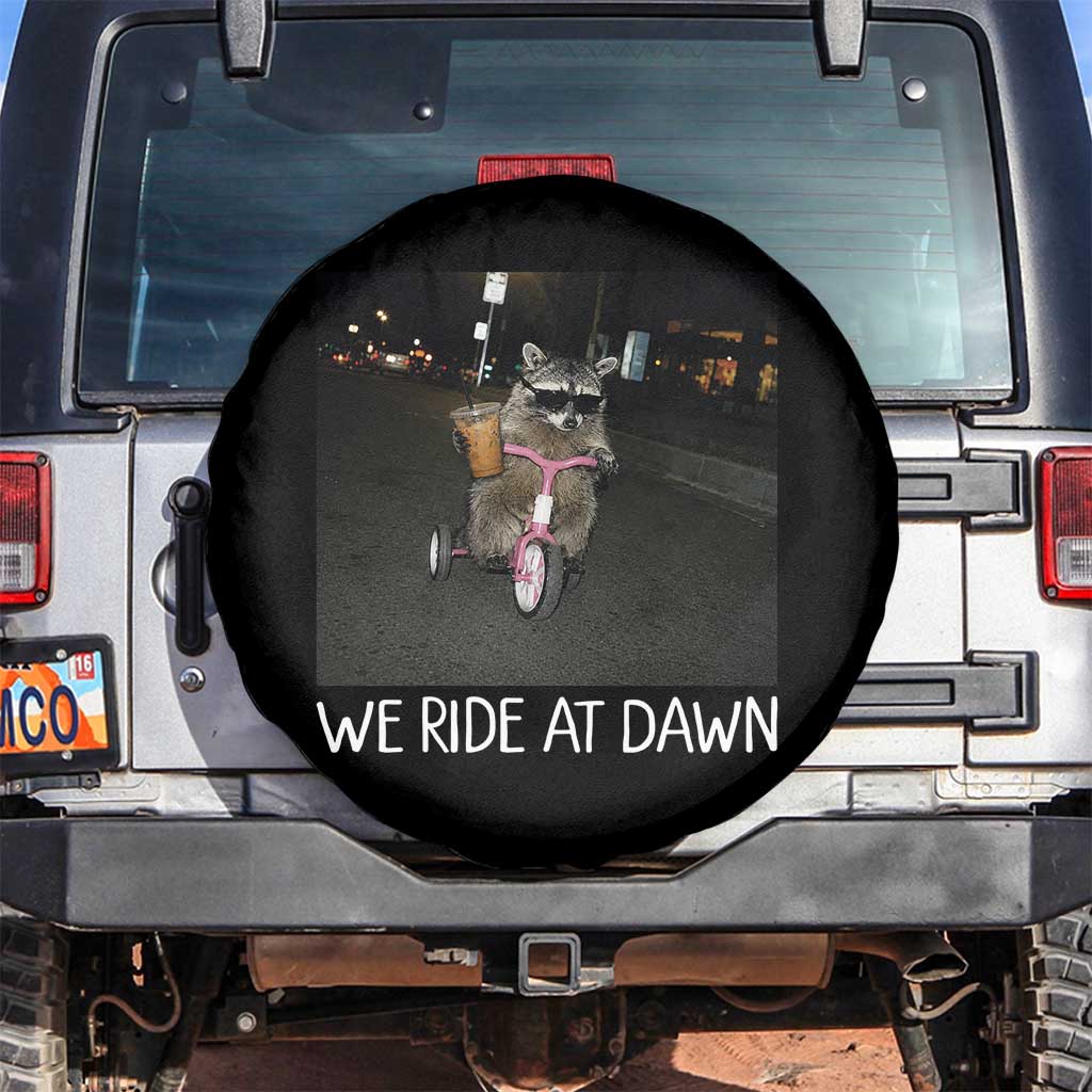 We Ride at Dawn Spare Tire Cover Funny Racoon Riding Tricycle Chaotic Meme