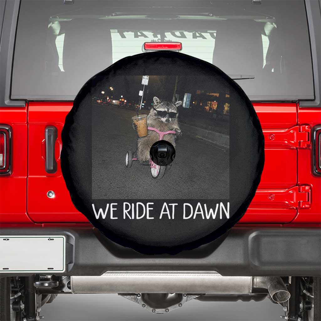We Ride at Dawn Spare Tire Cover Funny Racoon Riding Tricycle Chaotic Meme