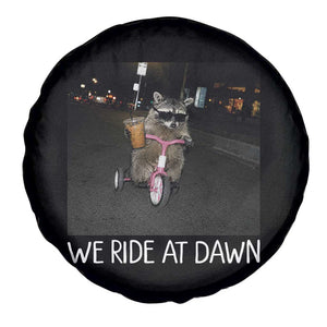 We Ride at Dawn Spare Tire Cover Funny Racoon Riding Tricycle Chaotic Meme