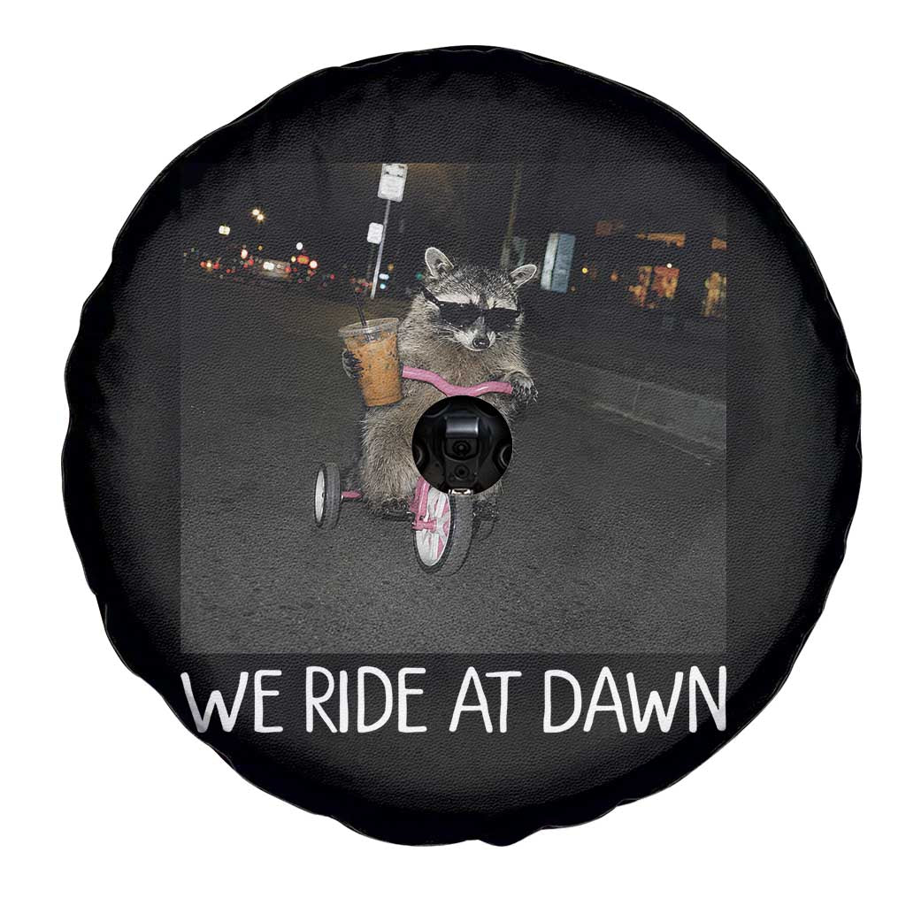 We Ride at Dawn Spare Tire Cover Funny Racoon Riding Tricycle Chaotic Meme