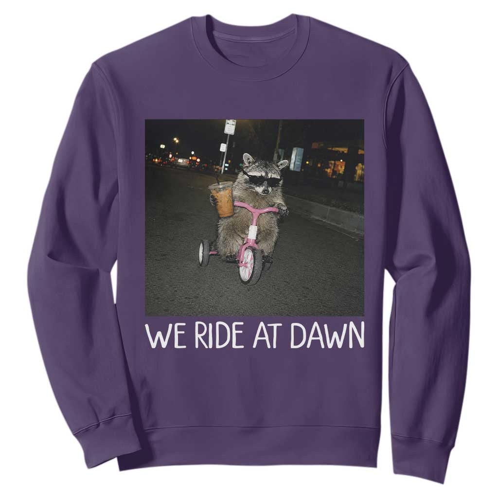 We Ride at Dawn Sweatshirt Funny Racoon Riding Tricycle Chaotic Meme