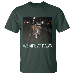 We Ride at Dawn T Shirt Funny Racoon Riding Tricycle Chaotic Meme