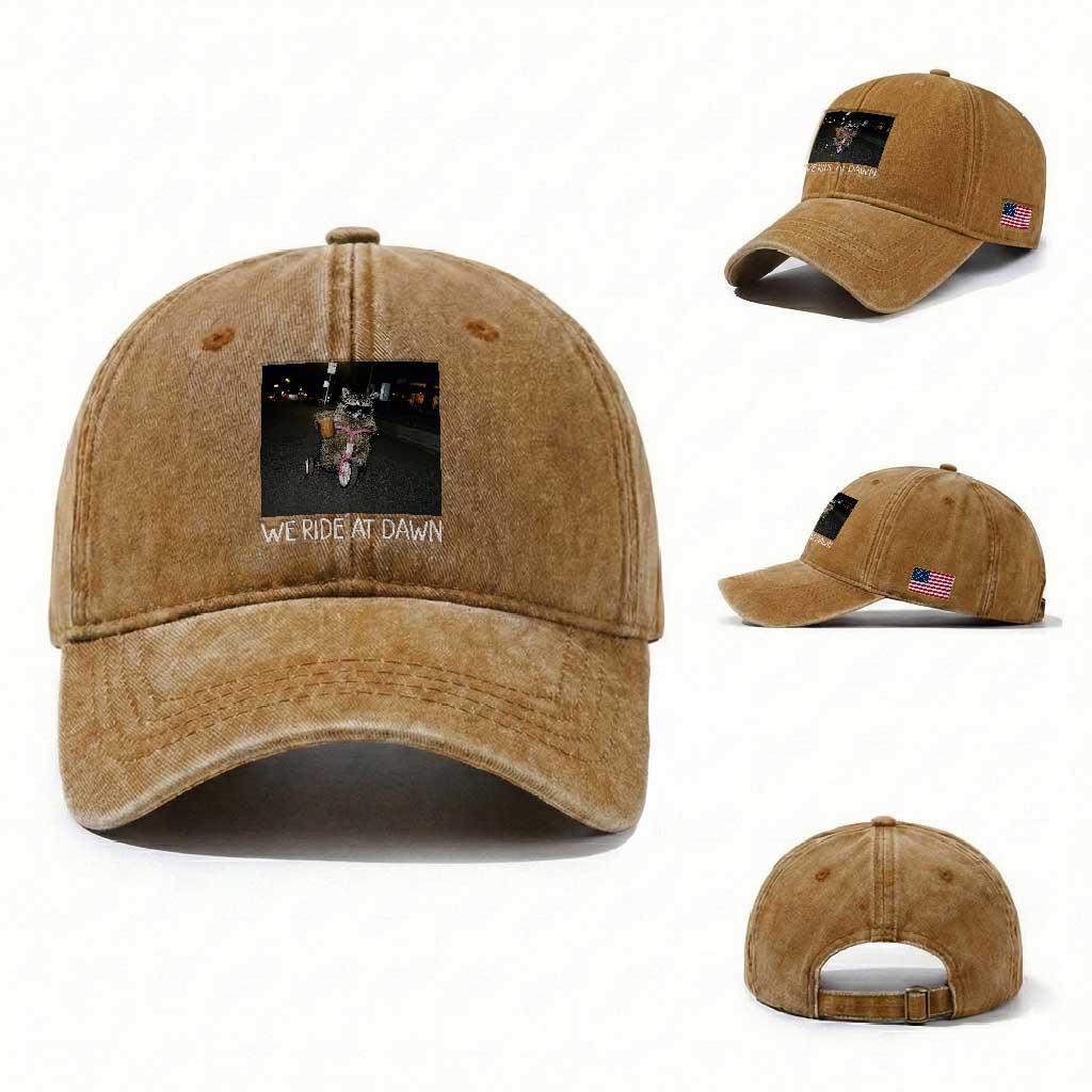 We Ride at Dawn Washed Cotton Baseball Cap Funny Racoon Riding Tricycle Chaotic Meme