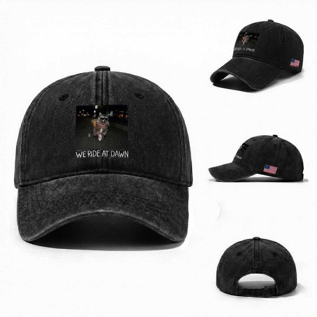 We Ride at Dawn Washed Cotton Baseball Cap Funny Racoon Riding Tricycle Chaotic Meme