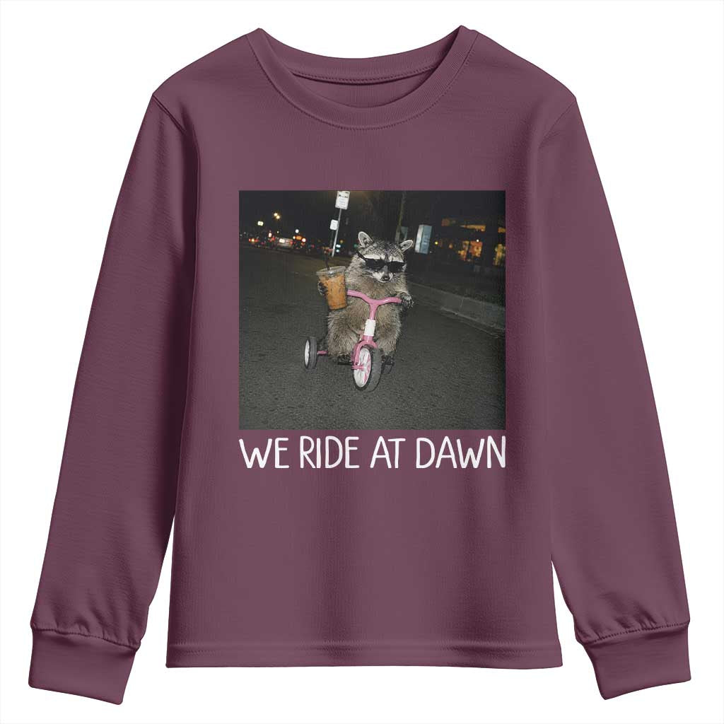 We Ride at Dawn Youth Sweatshirt Funny Racoon Riding Tricycle Chaotic Meme