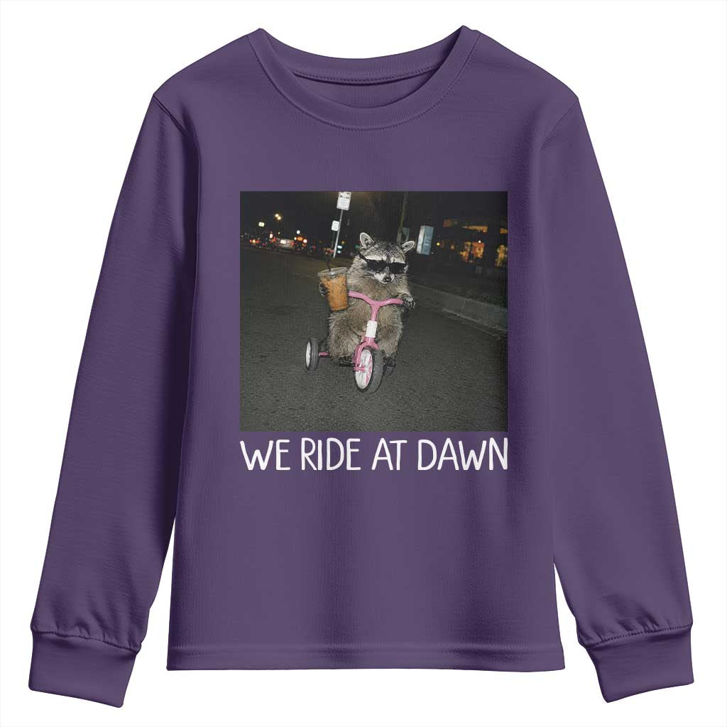 We Ride at Dawn Youth Sweatshirt Funny Racoon Riding Tricycle Chaotic Meme