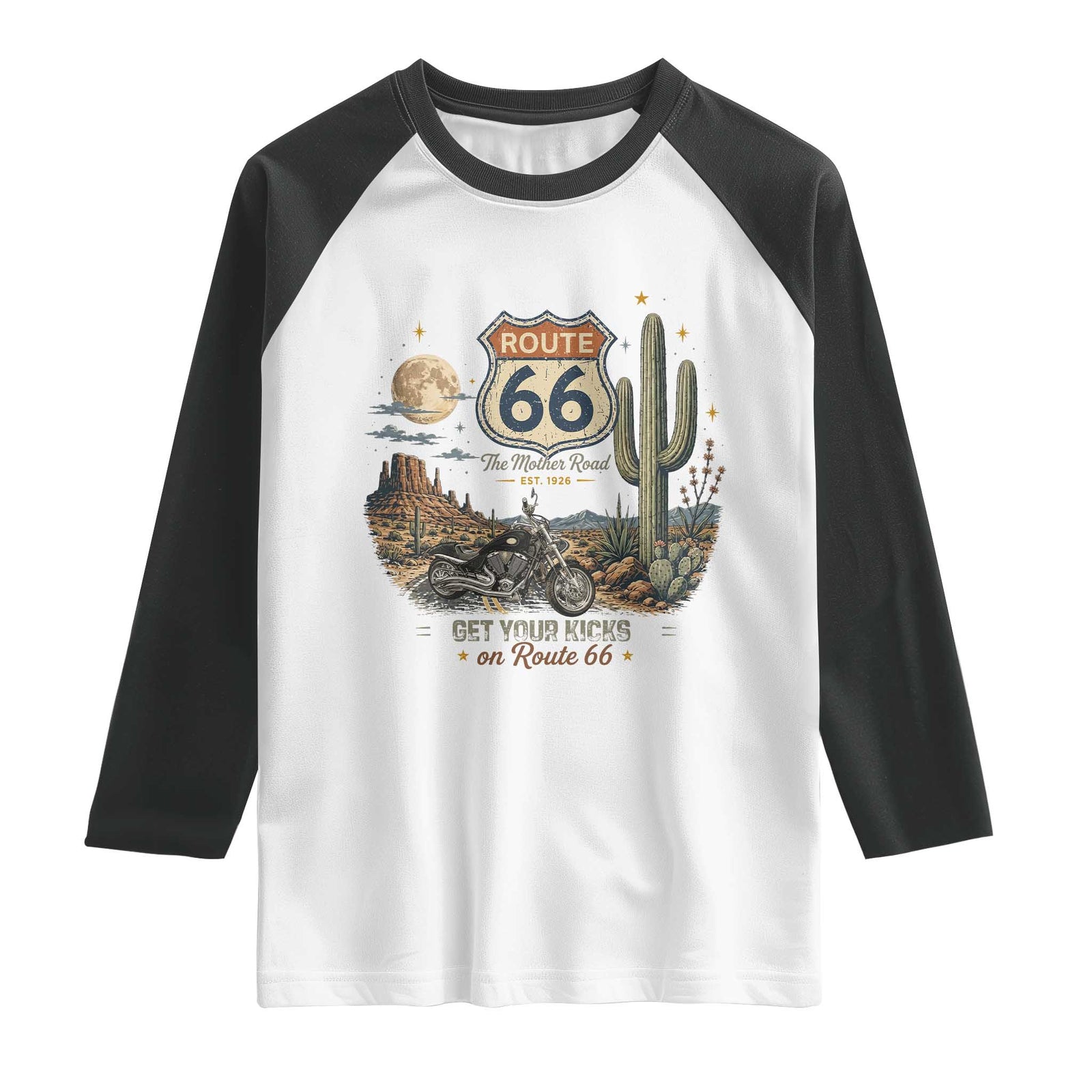 Route Highway 66 Get Your Kicks Centennial Road Trip Raglan Shirt Vintage 1976 American Cruiser Motorcycle Lover 100th Anniversary Gift TS14 White Black Print Your Wear
