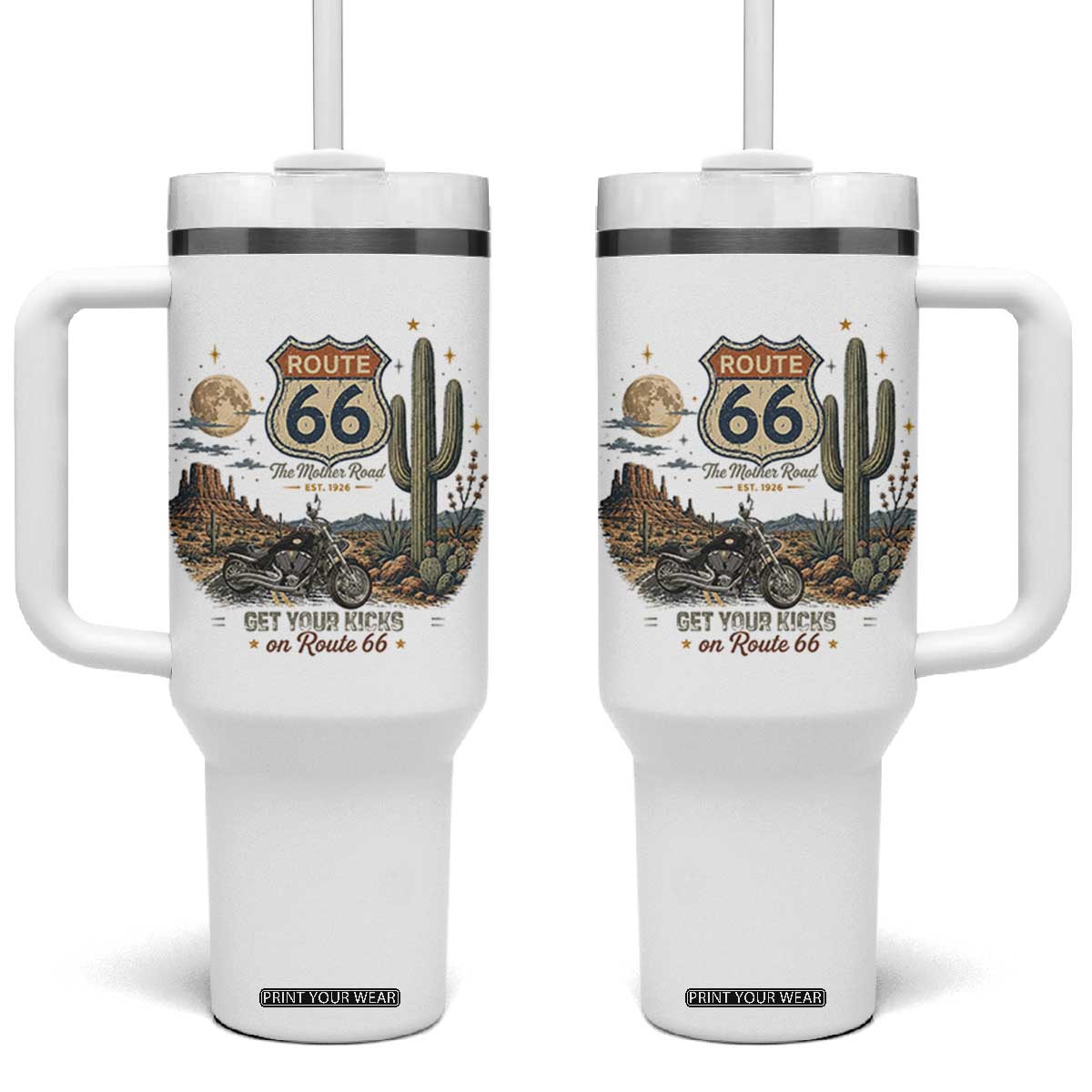 Highway 66 Get Your Kicks Centennial Road Trip Tumbler With Handle Vintage 1976 American Cruiser Motorcycle Lover 100th Anniversary Gift TS14 One Size: 40 oz White Print Your Wear