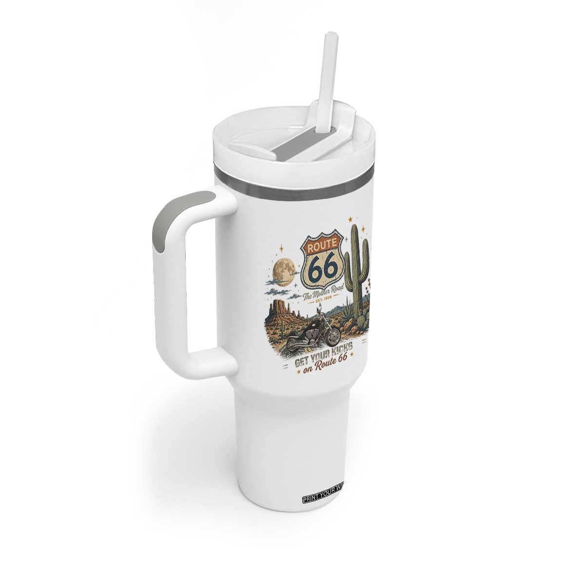 Highway 66 Get Your Kicks Centennial Road Trip Tumbler With Handle Vintage 1976 American Cruiser Motorcycle Lover 100th Anniversary Gift