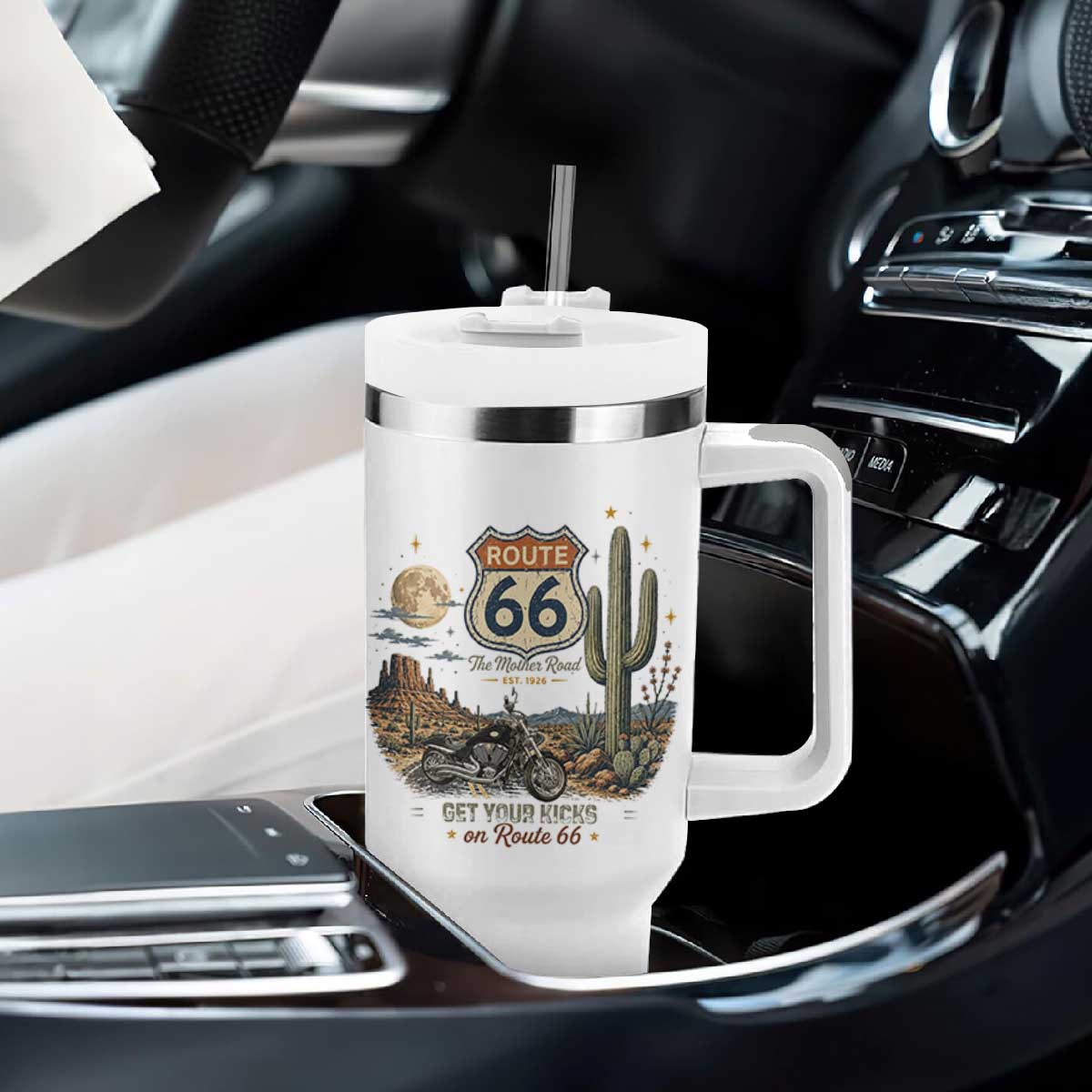 Highway 66 Get Your Kicks Centennial Road Trip Tumbler With Handle Vintage 1976 American Cruiser Motorcycle Lover 100th Anniversary Gift