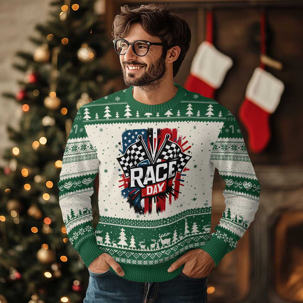 Checkered Flag Racing Ugly Christmas Sweater Race Day Team Lover TS14 Beige Green Print Your Wear