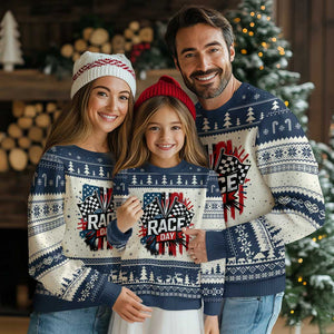 Checkered Flag Racing Ugly Christmas Sweater Race Day Team Lover TS14 Beige Navy Print Your Wear