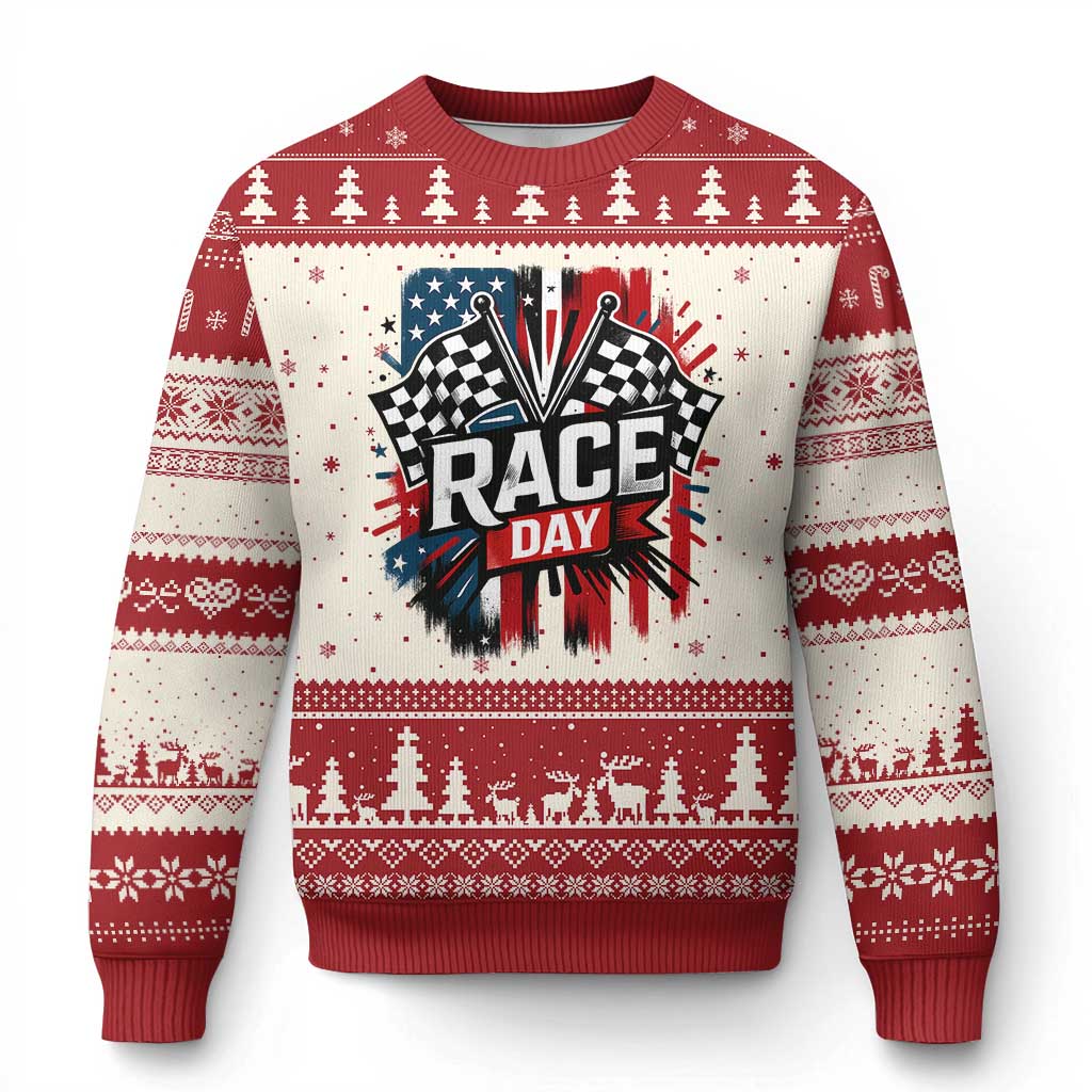 Checkered Flag Racing Ugly Christmas Sweater Race Day Team Lover TS14 Beige Red Print Your Wear