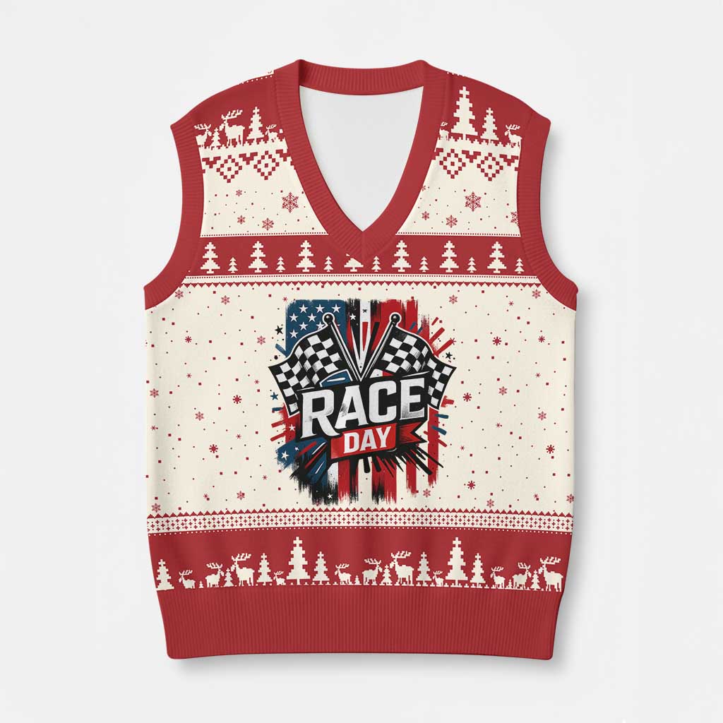 Checkered Flag Racing V-Neck Knit Sweater Vest Race Day Team Lover TS14 Beige Red Print Your Wear