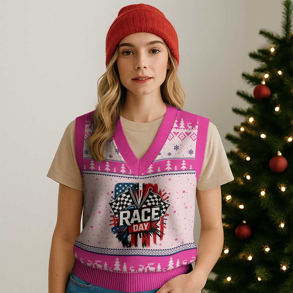 Checkered Flag Racing V-Neck Knit Sweater Vest Race Day Team Lover TS14 Hot Pink Print Your Wear