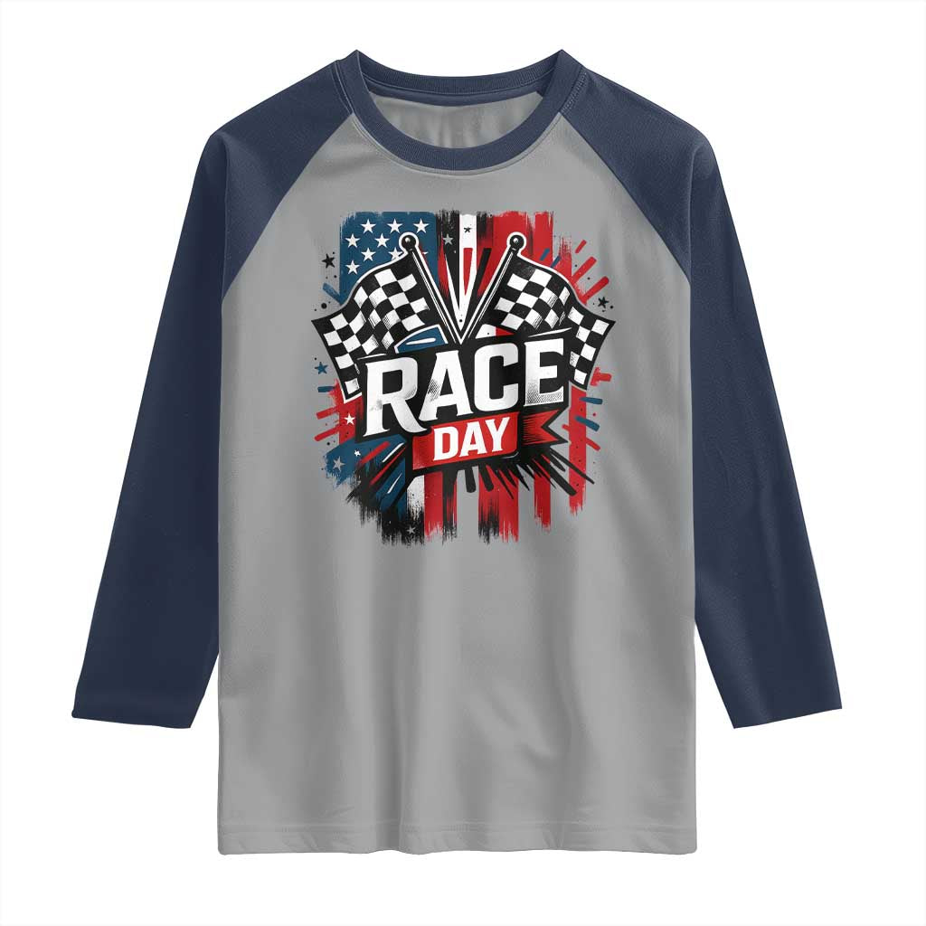 Checkered Flag Racing Raglan Shirt Race Day Team Lover TS14 Sport Gray Navy Print Your Wear