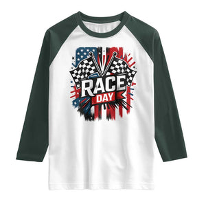 Checkered Flag Racing Raglan Shirt Race Day Team Lover TS14 White Dark Forest Green Print Your Wear