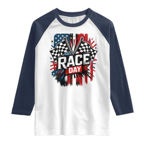 Checkered Flag Racing Raglan Shirt Race Day Team Lover TS14 White Navy Print Your Wear