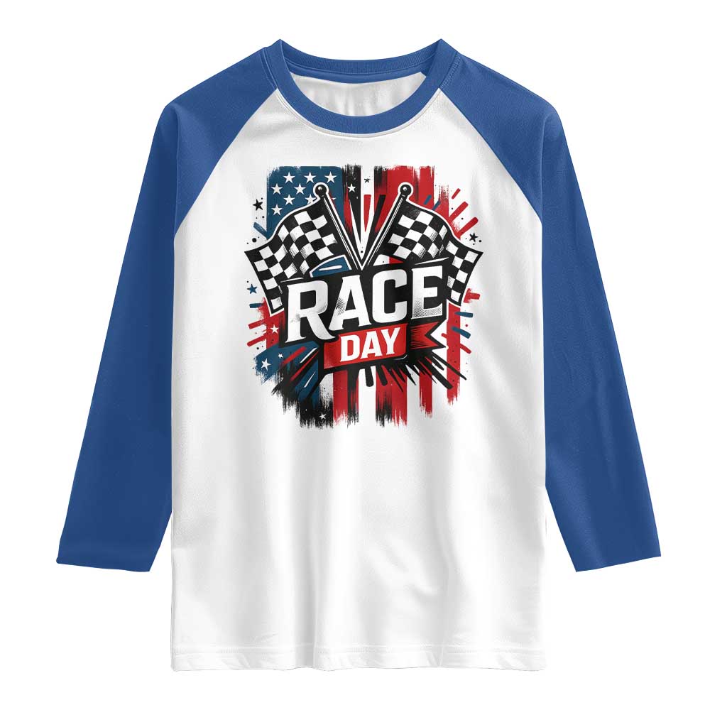 Checkered Flag Racing Raglan Shirt Race Day Team Lover TS14 White Royal Print Your Wear