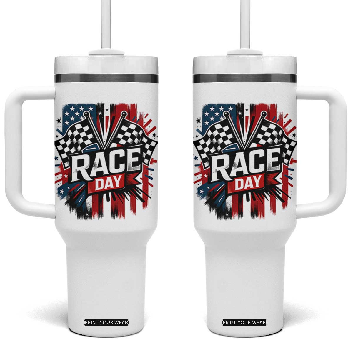 Checkered Flag Racing Tumbler With Handle Race Day Team Lover TS14 One Size: 40 oz White Print Your Wear