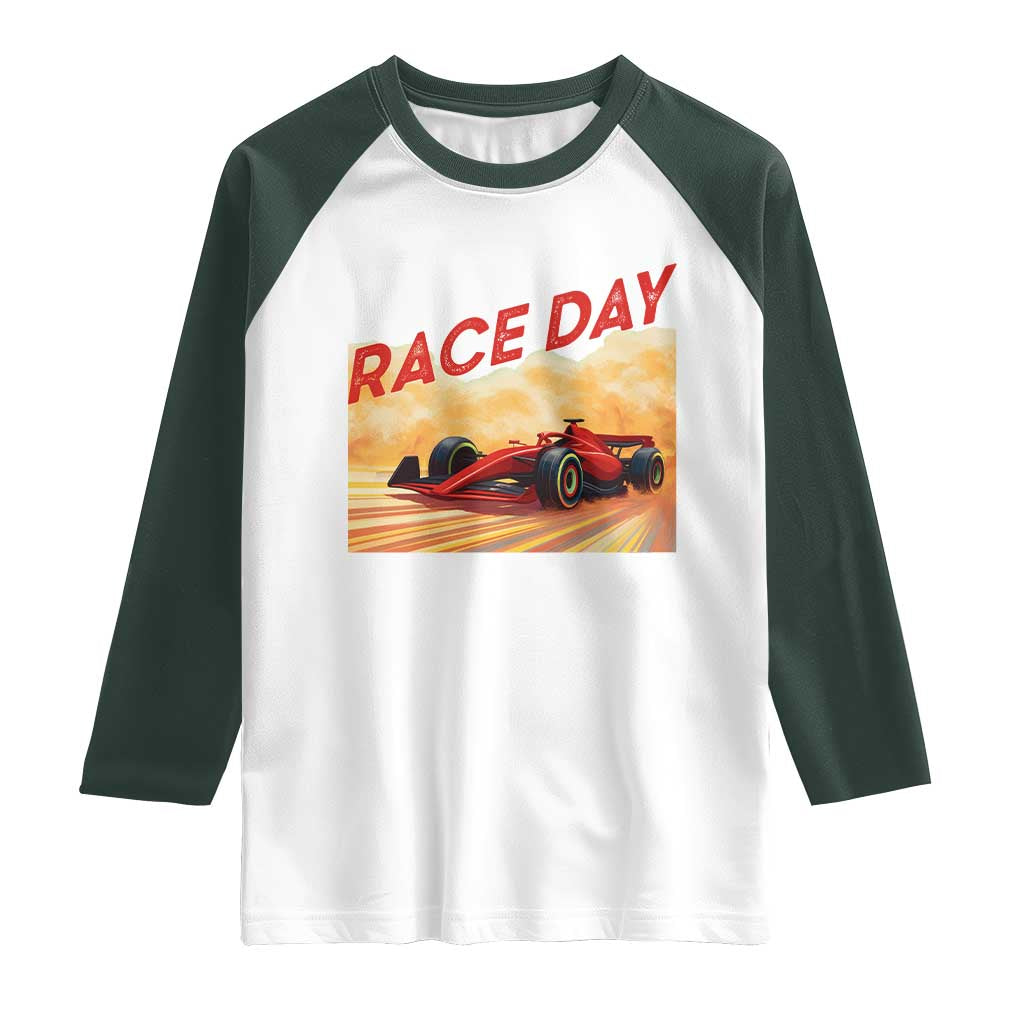 Vintage Racing Formula Car Raglan Shirt TS14 White Dark Forest Green Print Your Wear
