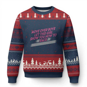 Racing Girl Ugly Christmas Sweater Move Over Boys Funny Quote TS14 Navy Red Print Your Wear