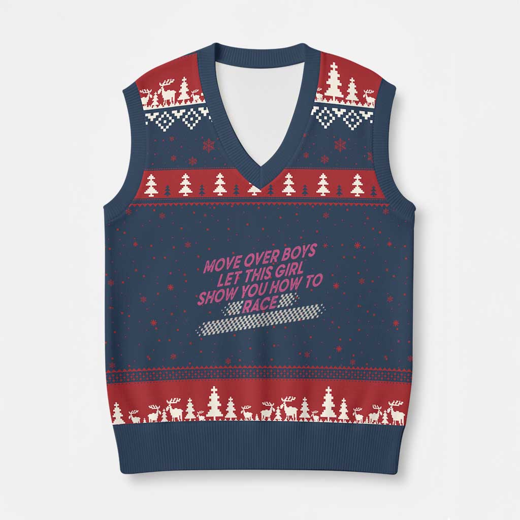Racing Girl V-Neck Knit Sweater Vest Move Over Boys Funny Quote TS14 Navy Red Print Your Wear