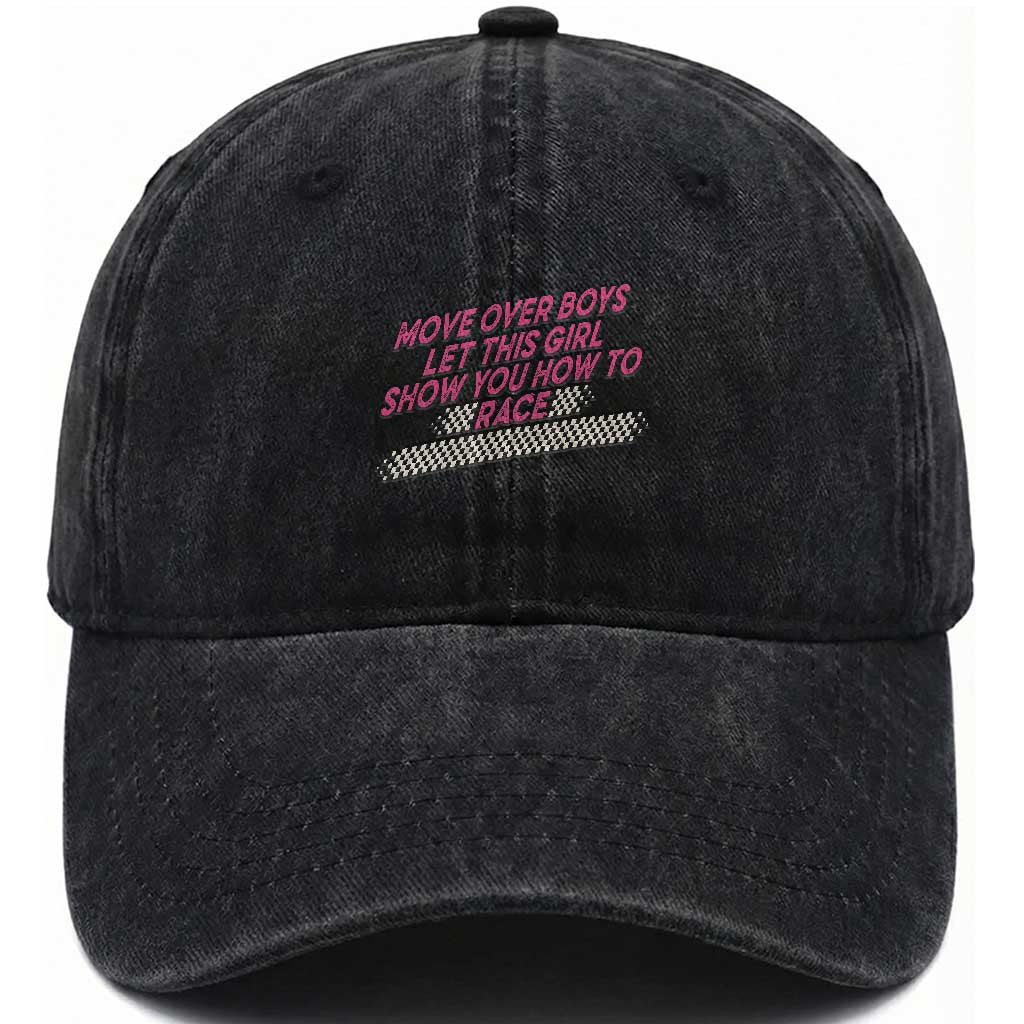 Racing Girl Washed Cotton Baseball Cap Move Over Boys Funny Quote TS14 Washed Cap Universal Fit Black Print Your Wear