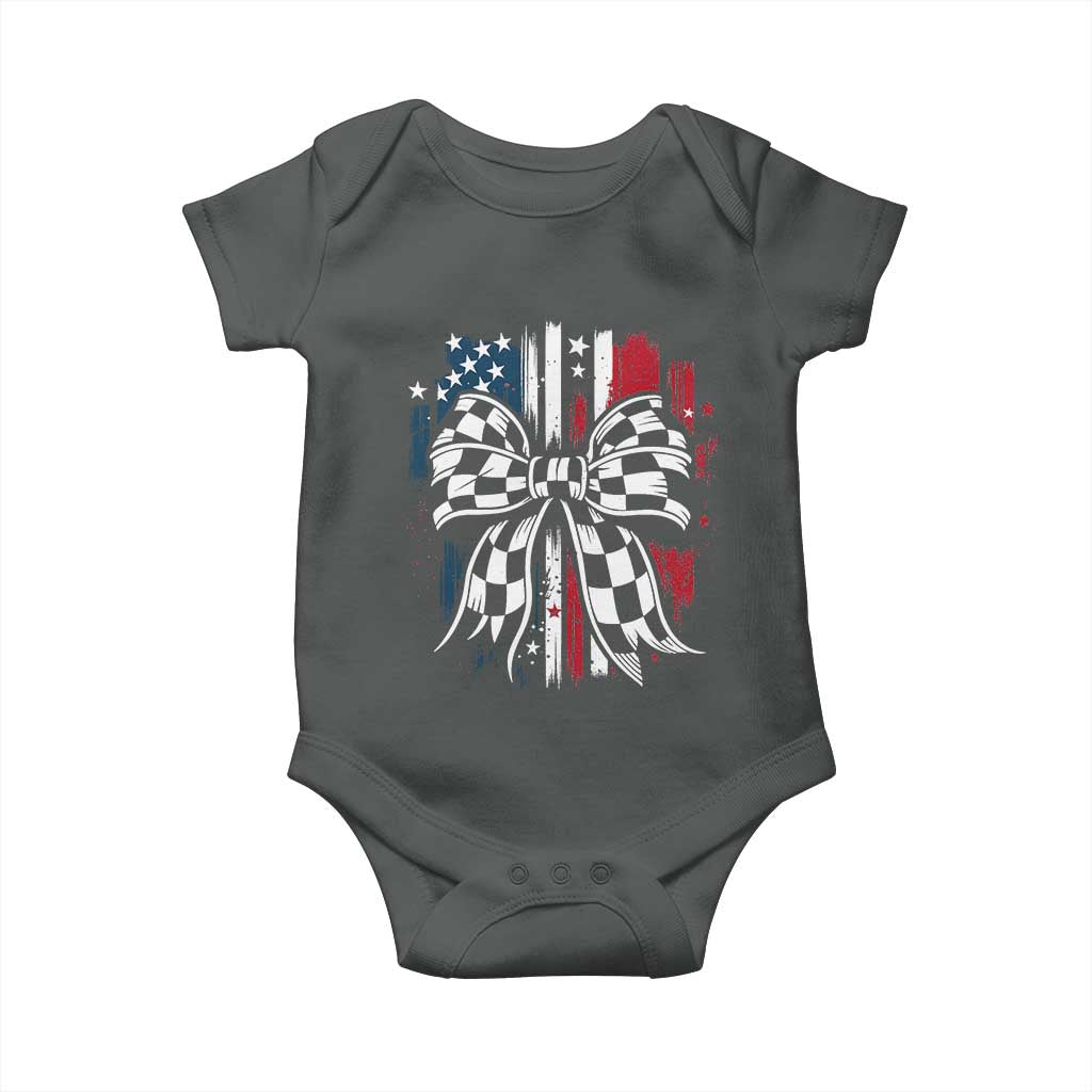 Patriotic Coquette Bow Checkered Flag Race Car Racing Baby Onesie TS14 Dark Heather Print Your Wear