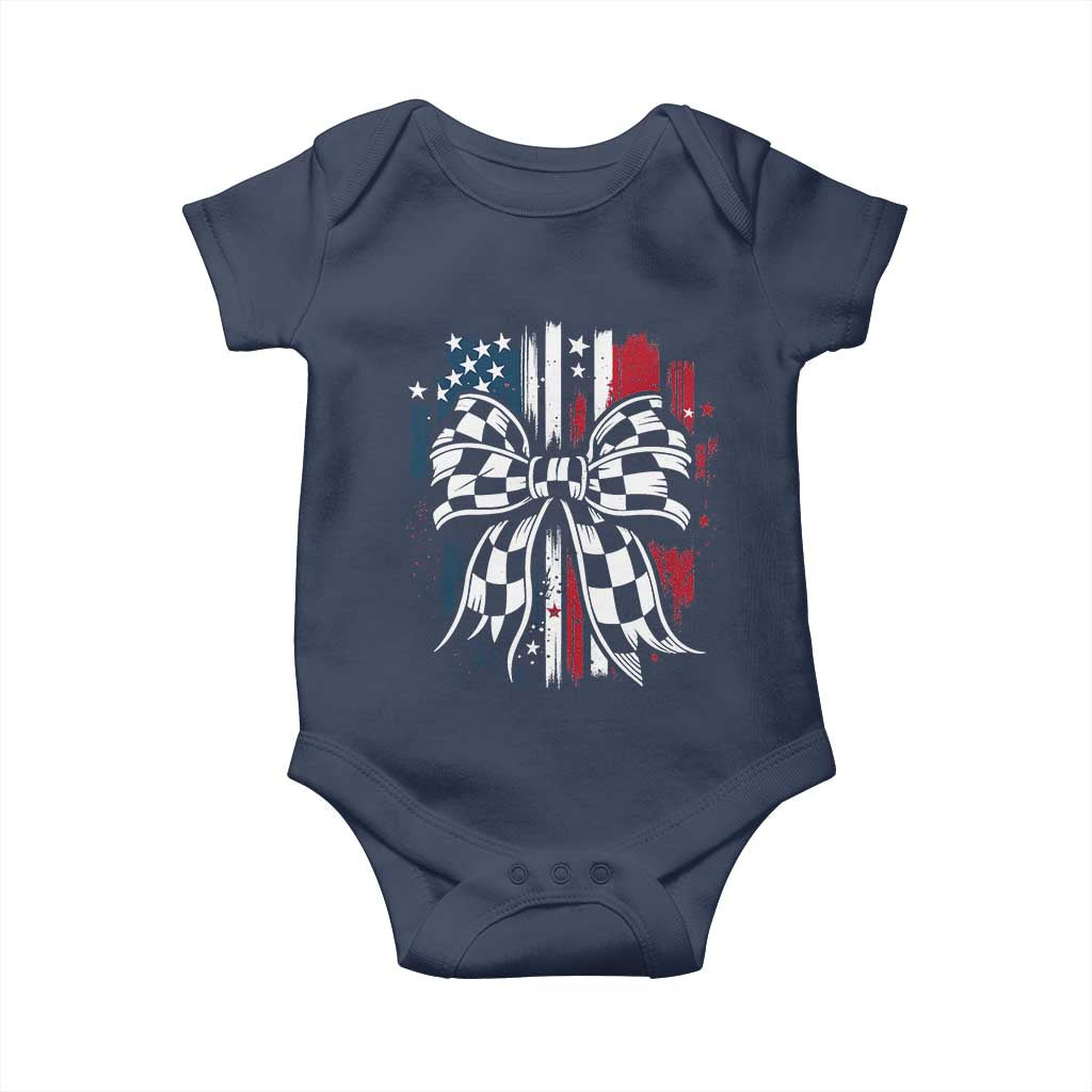 Patriotic Coquette Bow Checkered Flag Race Car Racing Baby Onesie TS14 Navy Print Your Wear