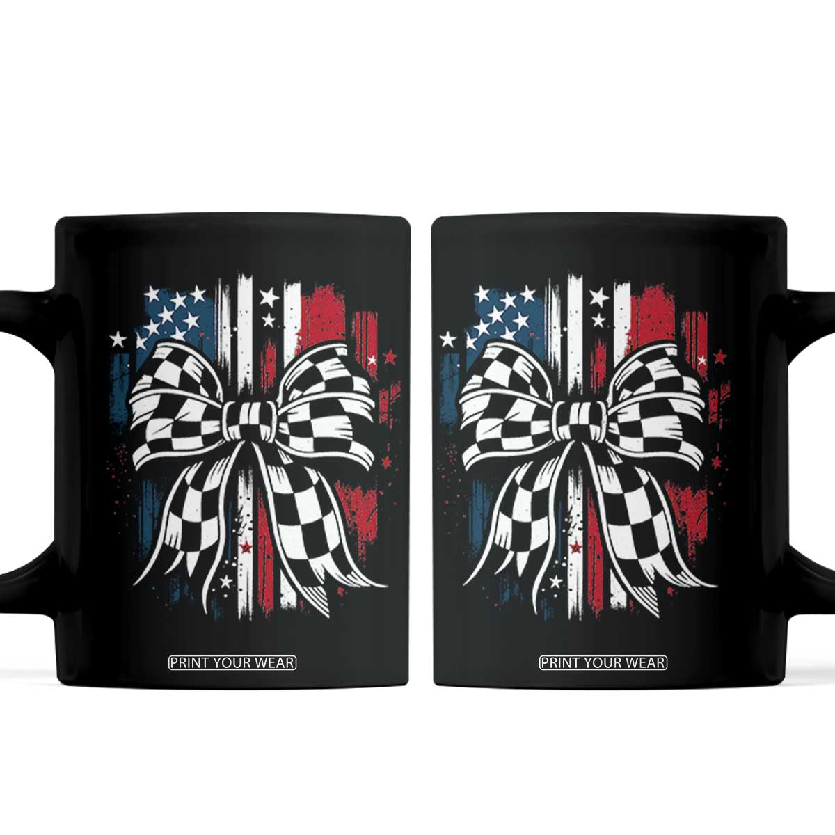 Patriotic Coquette Bow Checkered Flag Race Car Racing Coffee Mug TS14 Black Print Your Wear