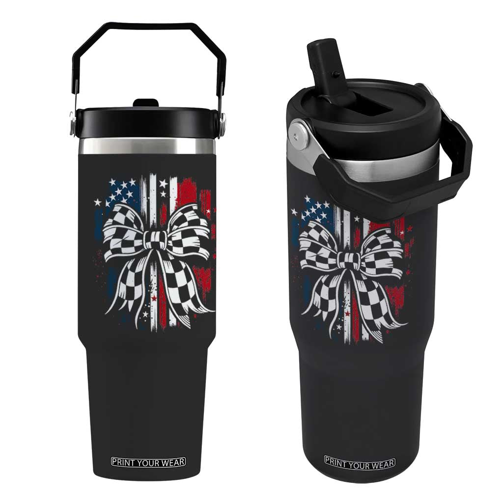 Patriotic Coquette Bow Checkered Flag Race Car Racing Flip Straw Tumbler TS14 One Size: 30 oz Black Print Your Wear